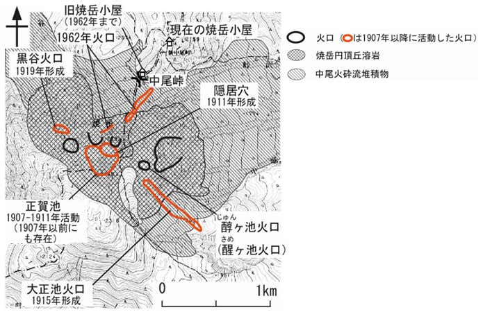 焼岳　焼岳の火口の分布