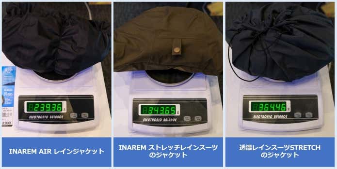 ワークマン　イナレムエアーレインジャケット、イナレムストレッチレインスーツのジャケット、透湿レインスーツストレッチの重量比較