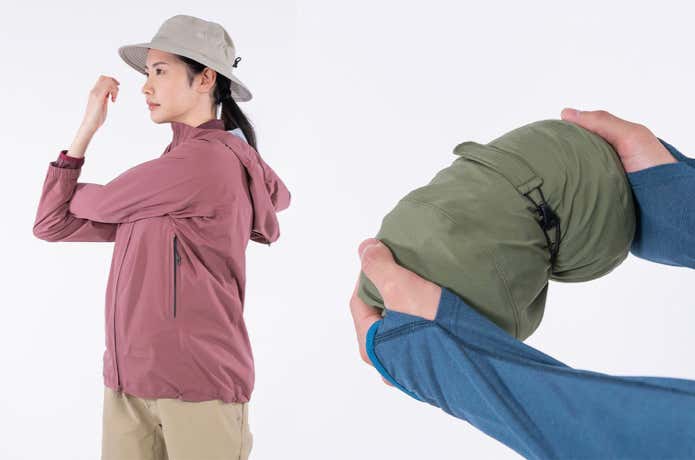 左：優れたストレッチ性/ジャケットはフード内側へコンパクトに収納可能