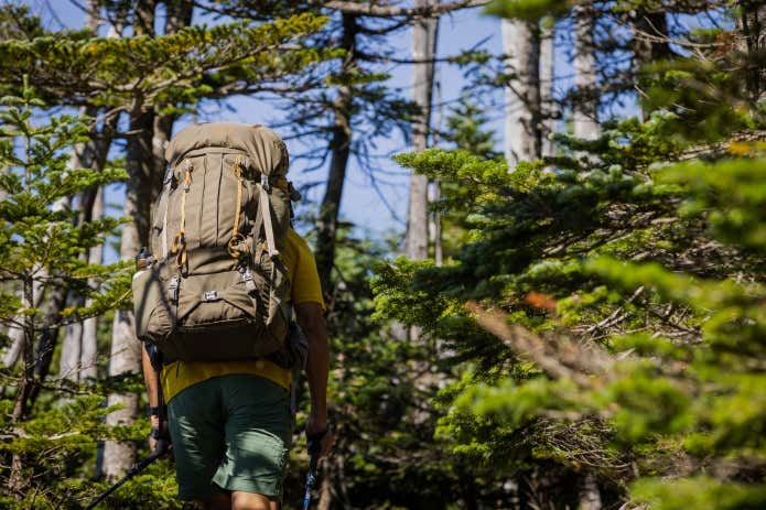 登山用バックパックを背負う