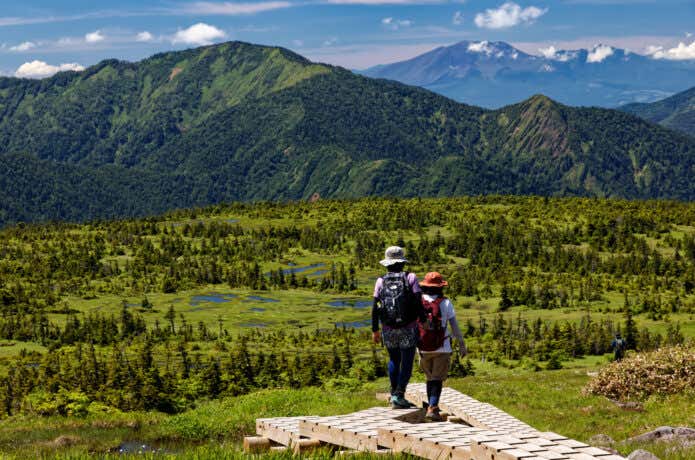 木道を歩く登山者