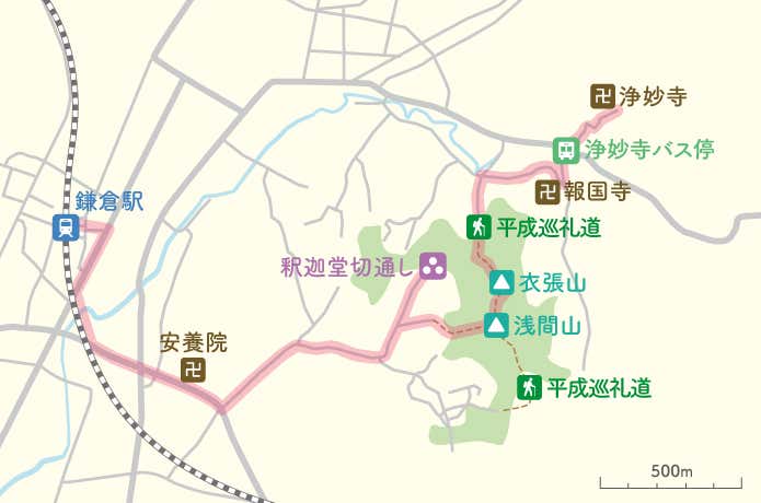 鎌倉：衣張山ハイキングコースの地図