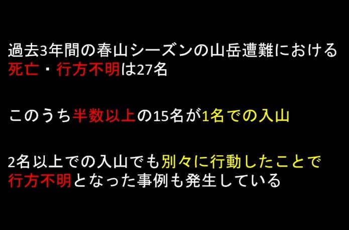 春山シーズンの山岳遭難のパーティ人数(長野県)