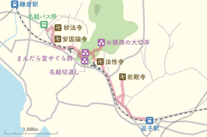 鎌倉:名越切通しハイキングコースの地図