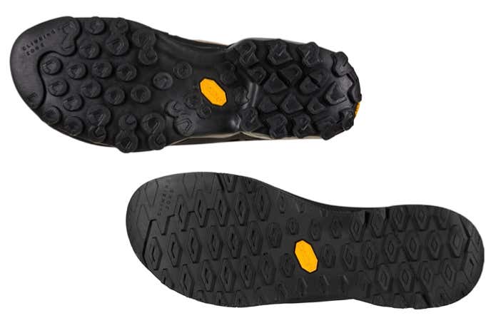 左上：Vibram®︎メガグリップ採用のTX4 GTX®︎のソール/右下：Vibram®︎イドログリップ採用のTX2 EVOのソール
