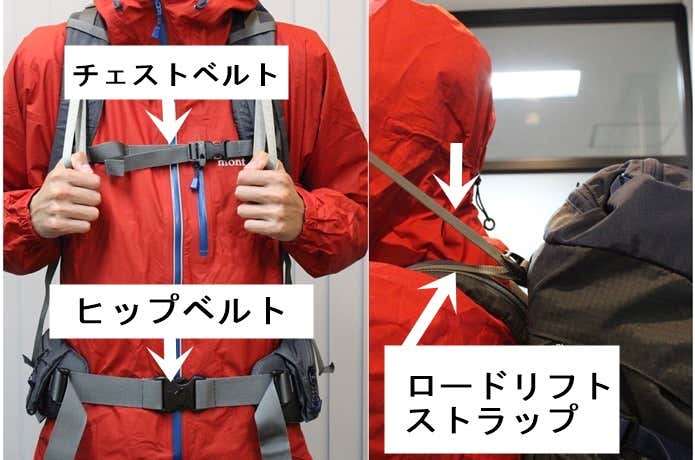 登山ザックのチェストベルト、ヒップベルト、ロードリフトストラップ