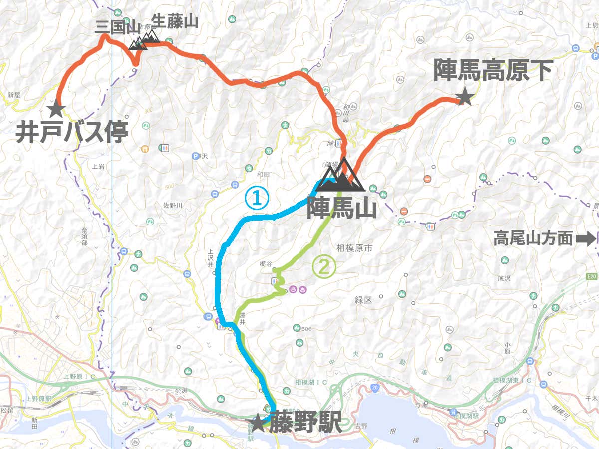 陣馬山縦走コースの簡略マップ