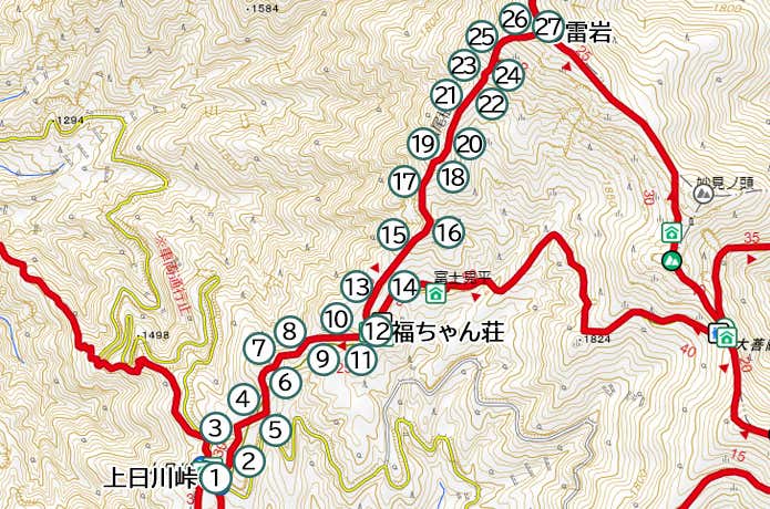 上日川峠～雷岩　セクションマップ