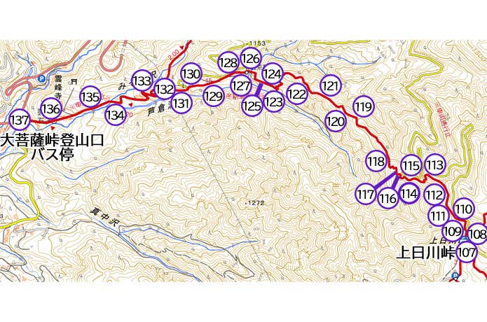 上日川峠～大菩薩峠登山口（バス停）　セクション⑤マップ