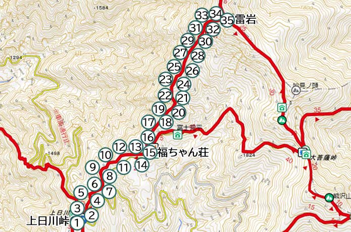 上日川峠～雷岩　セクションマップ