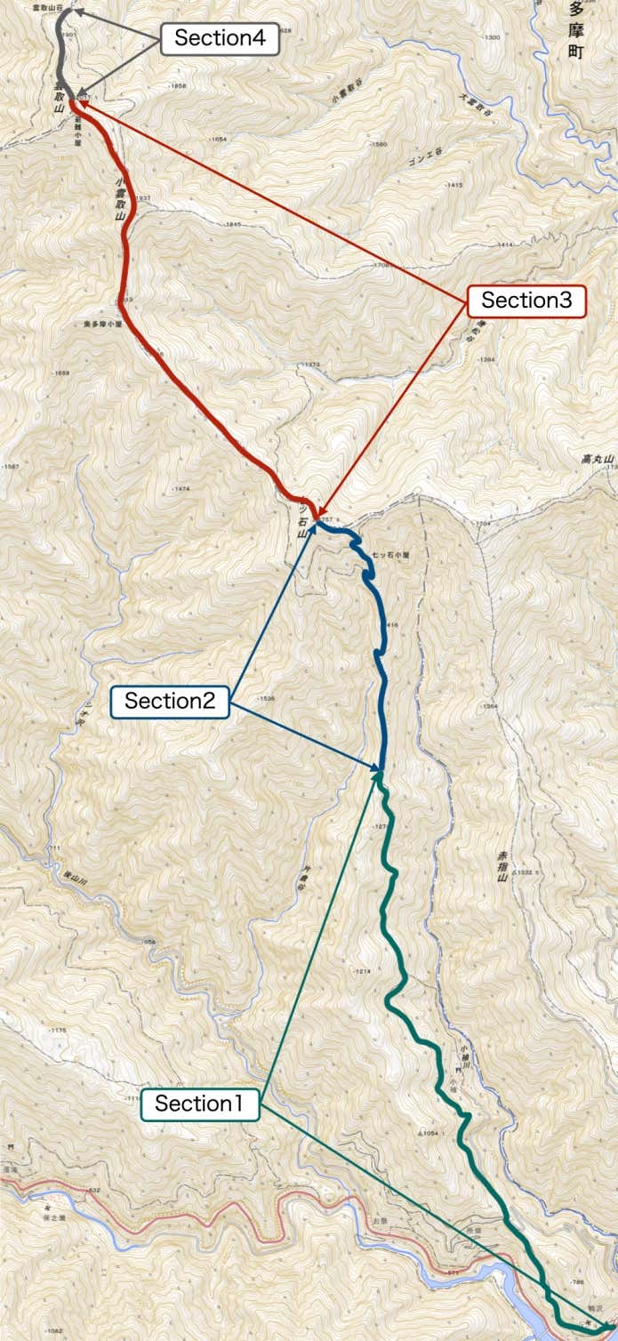 鴨沢登山口から雲取山山頂を経由して、雲取山荘までの道筋を示した地図