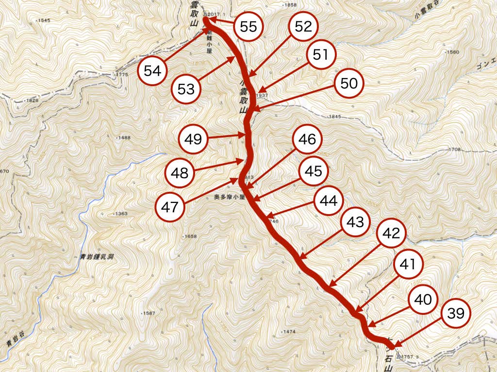 七ッ石山から雲取山までのセクションマップ