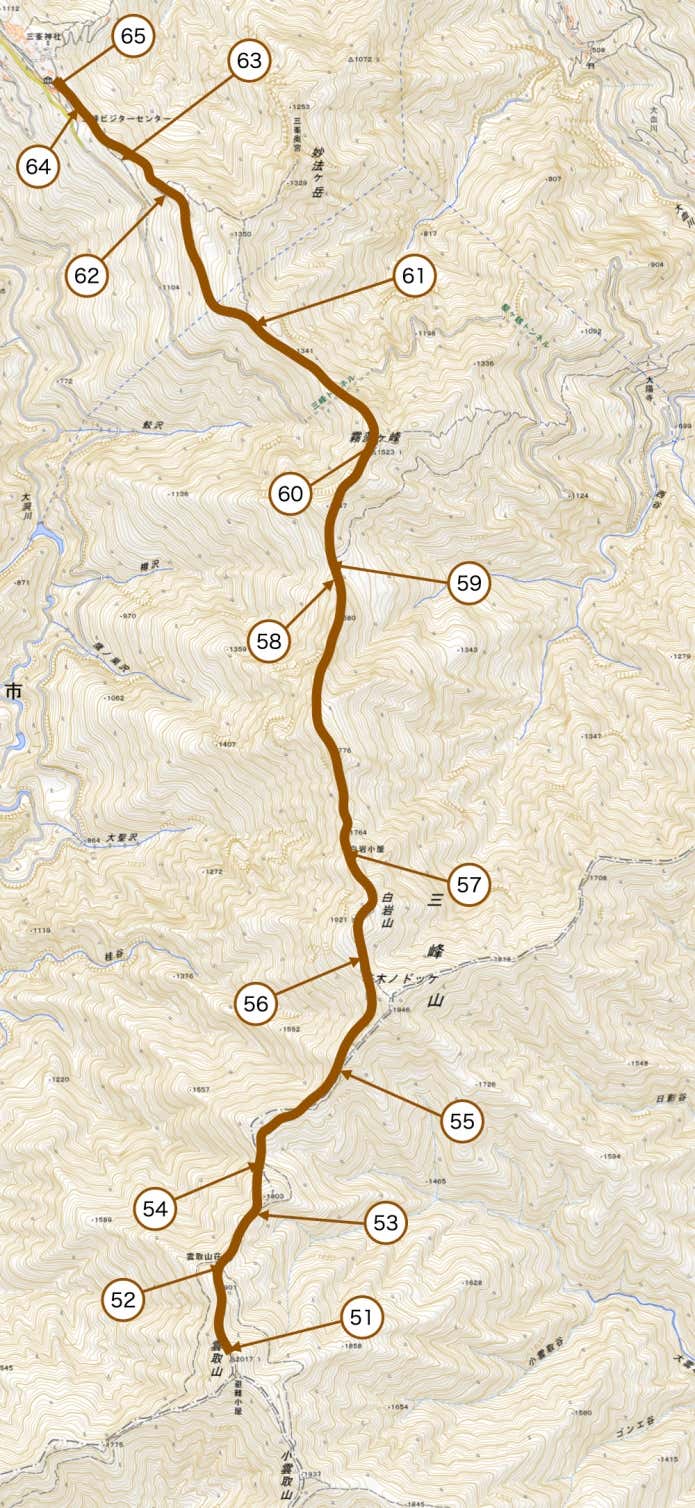 雲取山から三峯神社へのセクションマップ