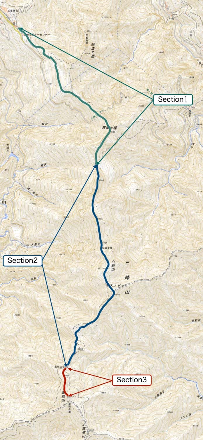 三峯神社登山口から雲取山山頂までの道筋を示した地図