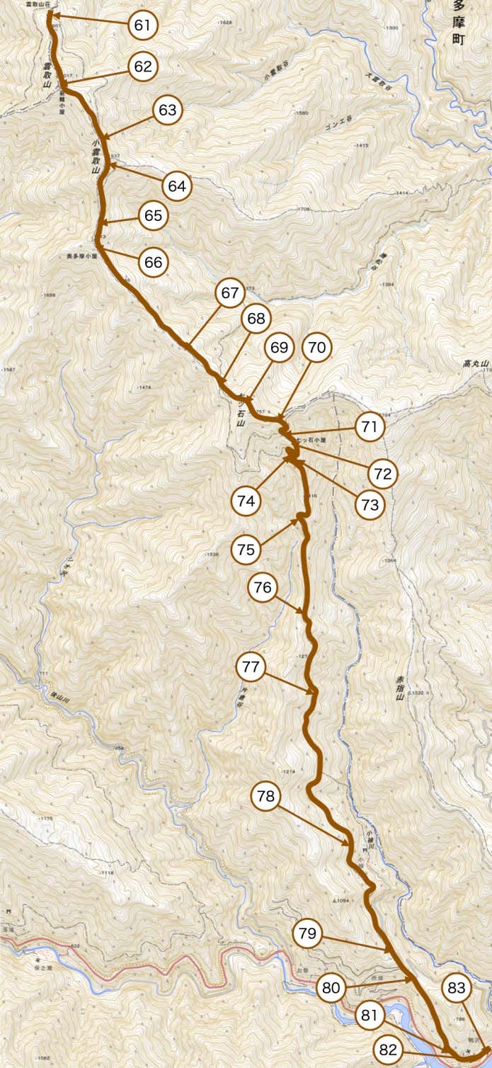 雲取山荘から鴨沢までのセクションマップ