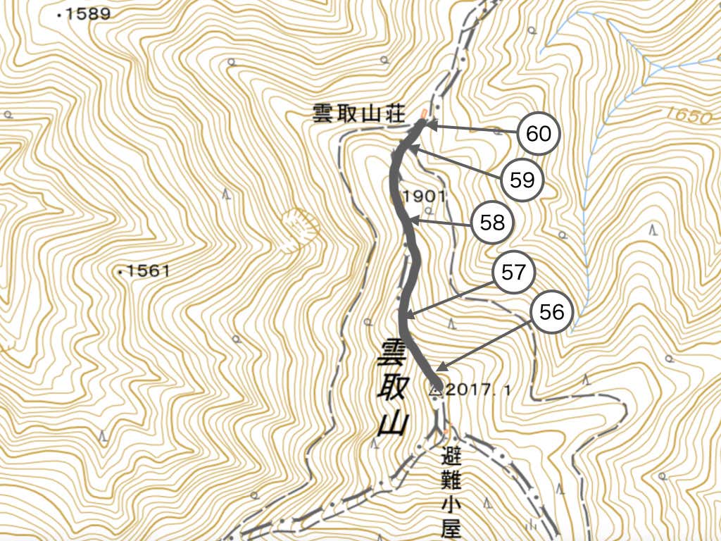 雲取山から雲取山荘までのセクションマップ