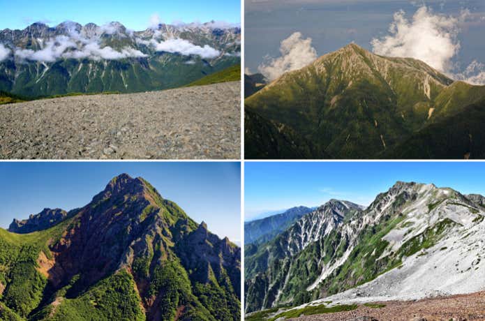左上から時計周りに、槍ヶ岳＆穂高連峰・常念岳・白馬岳・赤岳