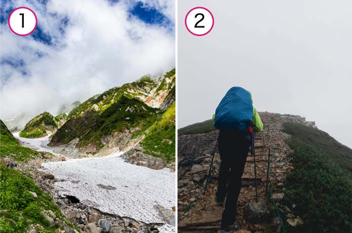左：大雪渓での滑落/右：悪天候下での疲労