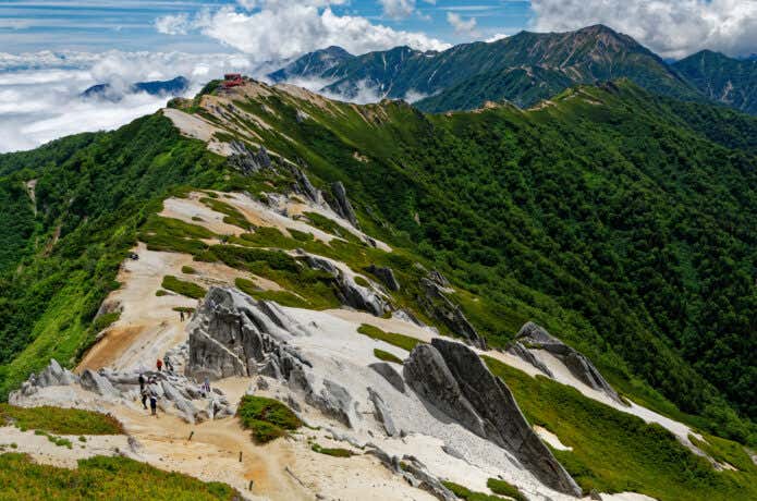 燕岳から見る燕山荘と表銀座縦走路