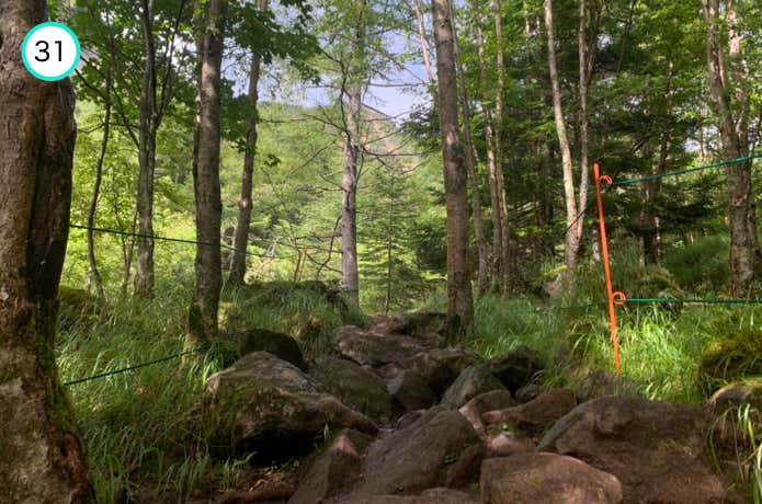 大きな岩が連なる登山道