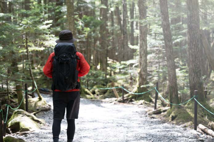 バックパックを正しく背負う登山者