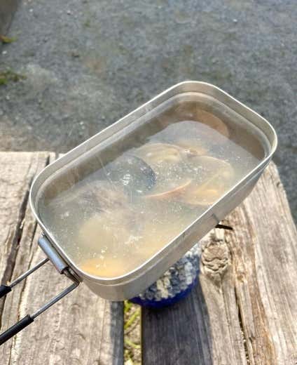 メスティンに水、あさりを入れて火にかける