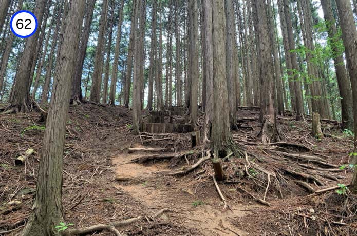 急な階段を登る
