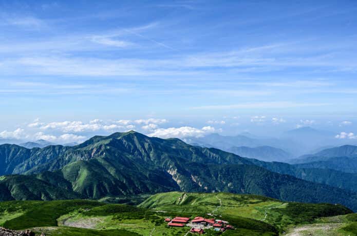 白山の御前峰から眺めた白山室堂と別山