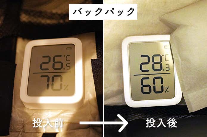 無印良品の消臭機能付き くりかえし使える除湿剤をバックパックに入れた湿度