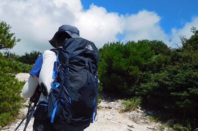 ファンブローベストで夏山くぉ歩く