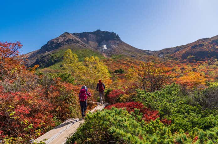 秋の山を楽しむ登山者