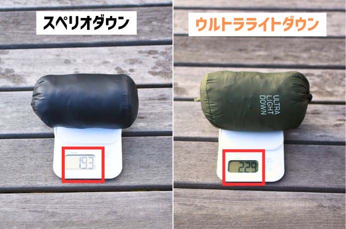 ウルトラライトダウンとスペリオダウンの重さ比較