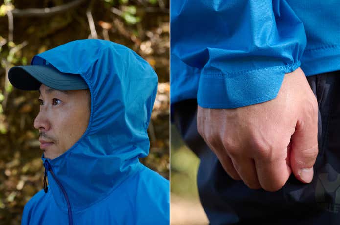 レインウェアのフードと袖口