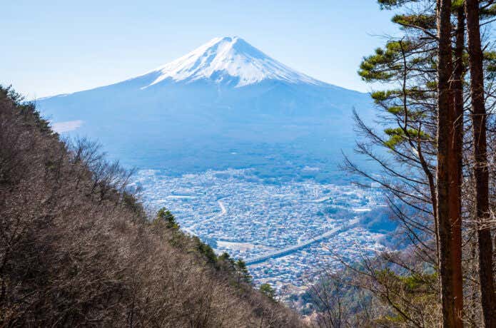 御殿から眼下の富士吉田市街と富士山