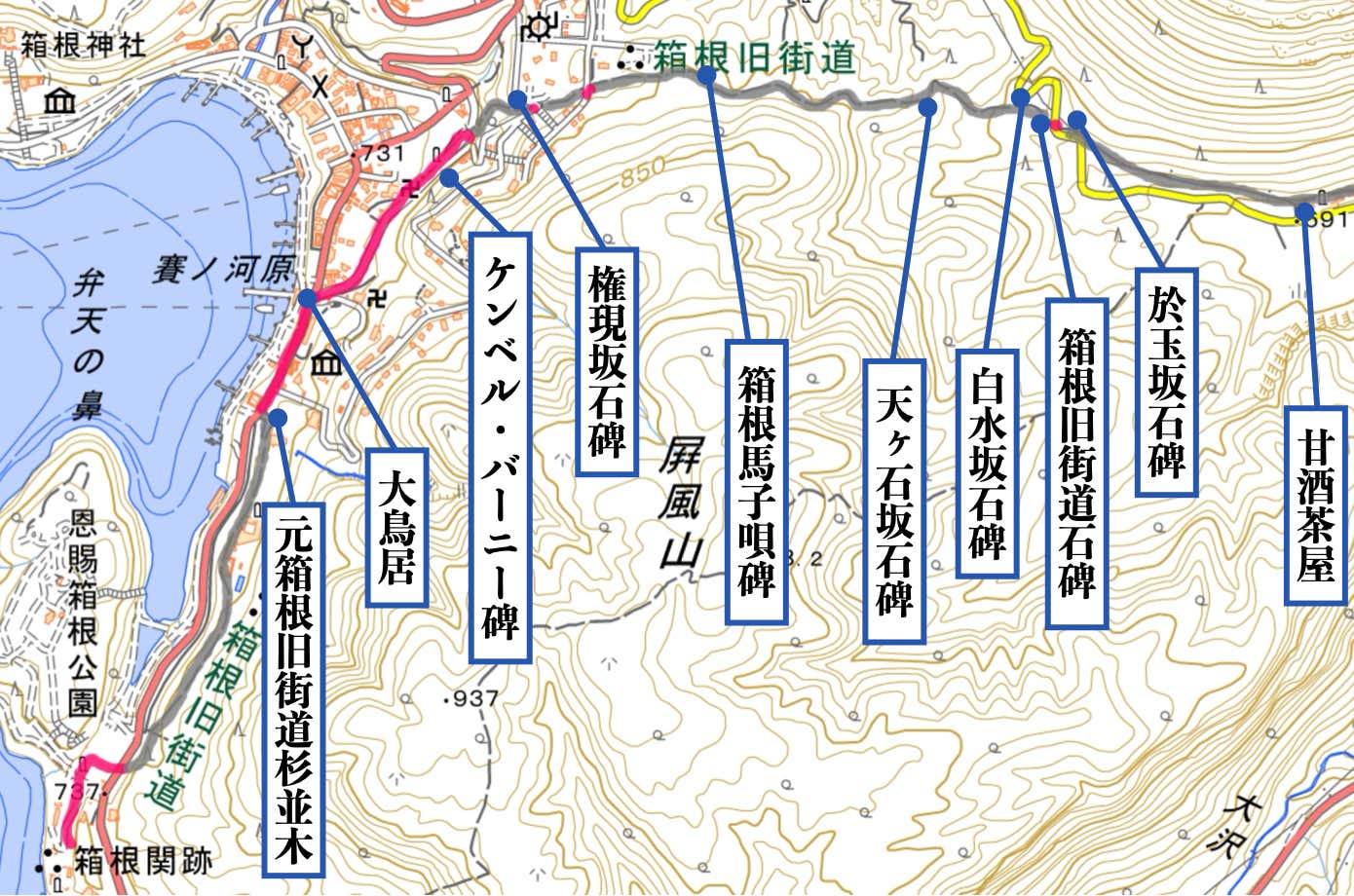 甘酒茶屋〜権現坂〜箱根関所跡MAP
