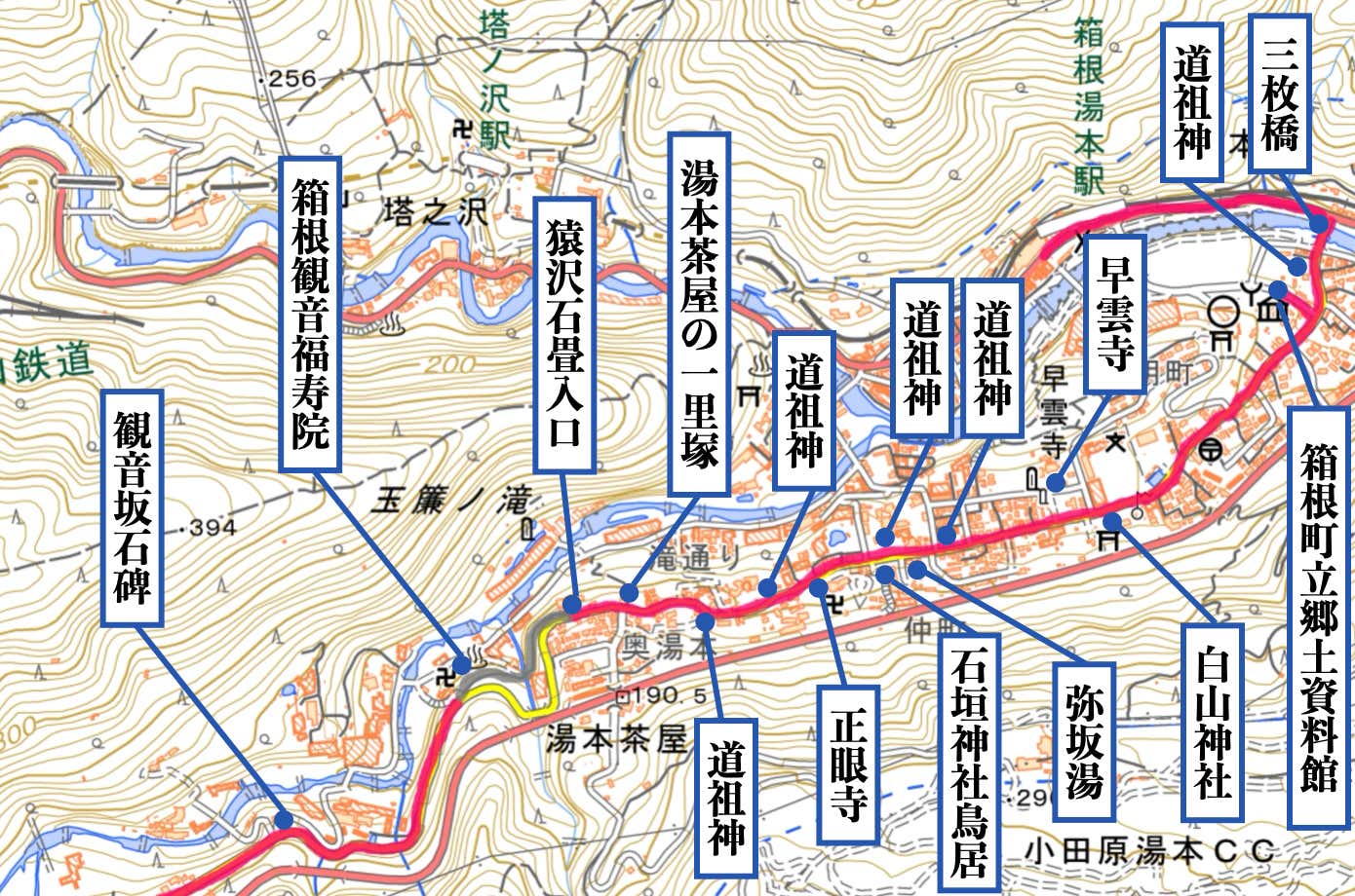 箱根湯本駅〜猿沢石畳〜観音坂石碑MAP