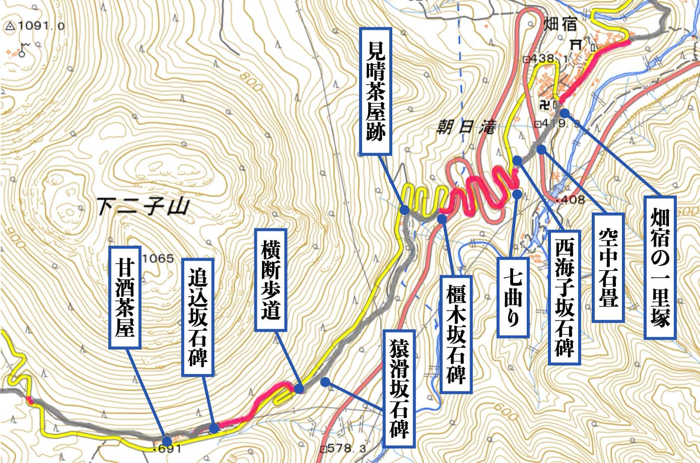 畑宿〜見晴茶屋〜甘酒茶屋MAP