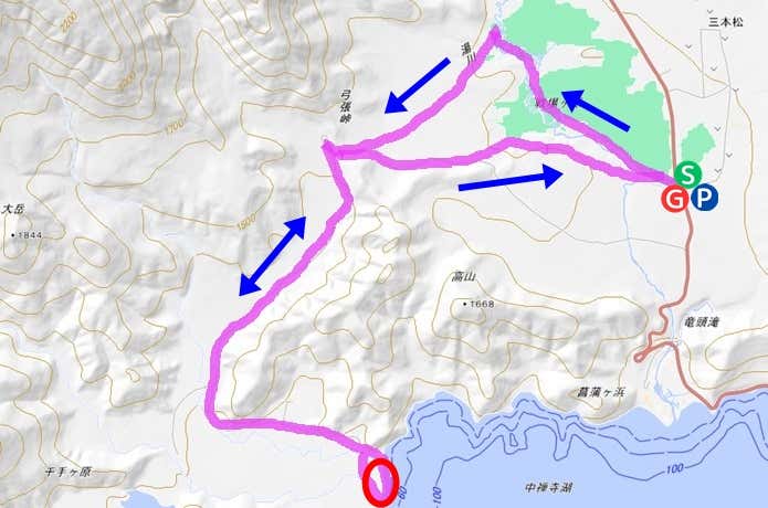千手ヶ浜登山コース図