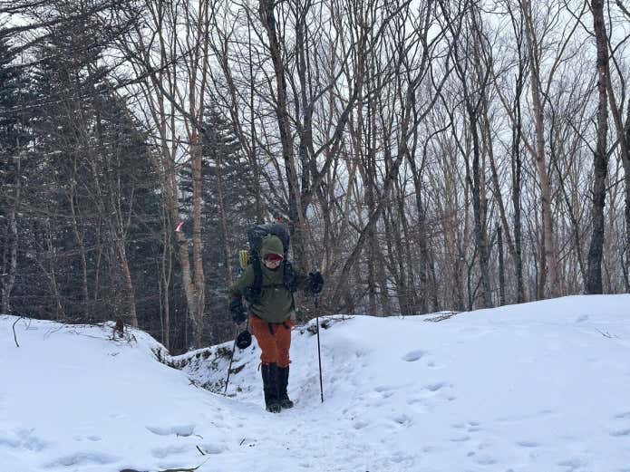 UL CARBON FOLDING TREKKING POLE 115（105-115cm）FORESTGREEN　フィールド使っている様子