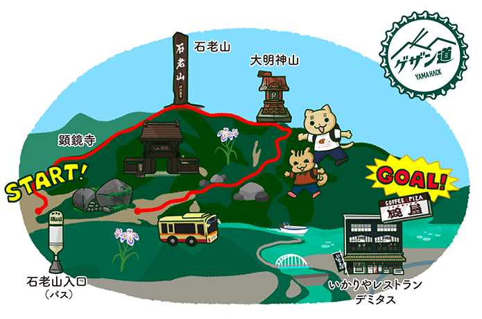石老山からいかりやレストラン デミタスまでのイラストマップ