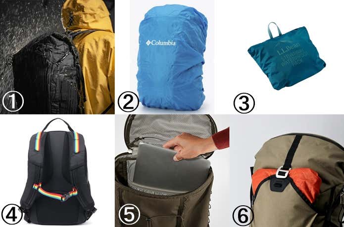 1万円で買える種類の違うザックの機能説明
①水の侵入をしっかり防ぐ設計がされた高い耐水性
②レインカバー付き
③小さくたためるパッカブル仕様
④荷物の揺れを固定するチェストストラップ付き
⑤ラップトップを内側に収納できる伸縮性のあるスリーブ
⑥アウターなどを気軽に収納できるフロントポケット