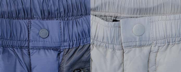マウンテンライトダウンパンツとマウンテンダウンパンツのフロントボタンの比較