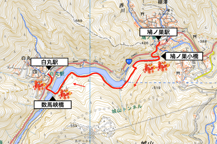 鳩ノ巣渓谷小橋と数馬峡橋ハイキングルート概略図