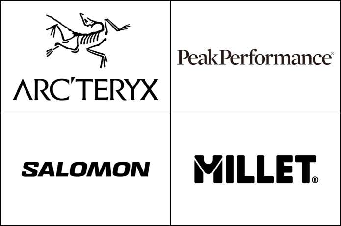 ブランドロゴ（アークテリクス、ピークパフォーマンス、サロモン、ミレー）
