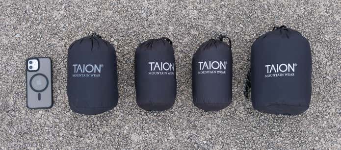 TAIONダウンパンツ「マウンテンライン」4モデルの収納サイズ比較