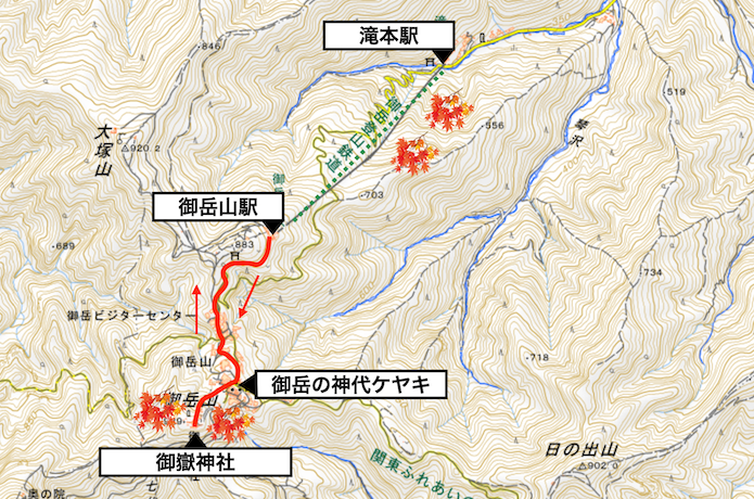 御岳山ハイキングコース概略図
