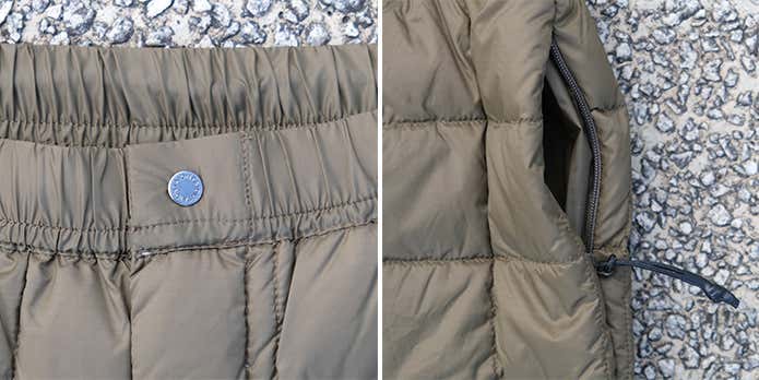 マウンテン アクティブライト ダウンパンツのフロントボタンとサイドポケット