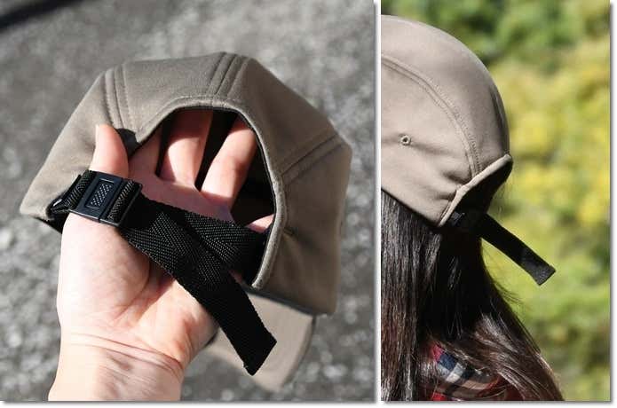 カリマーのウォームキャップの後頭部バックル部分のアップ 調節ヒモが少し長め