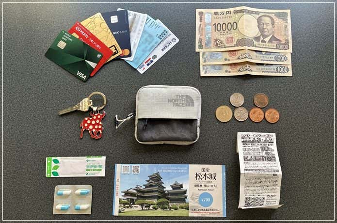 ヘイジーワレットを中心に、中に入れたもの(クレジットカード、キャッシュカード、免許証、保険証、お札、小銭、絆創膏、常備薬、観光チケット、レシートにキーホルダー付きの鍵)をまわりに並べ、収納力の高さを示している