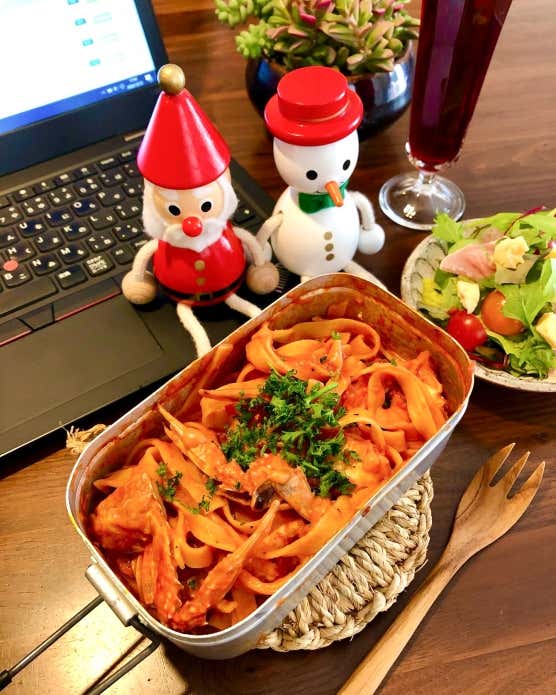 メスティンで作った「ワタリガニのトマトパスタ」